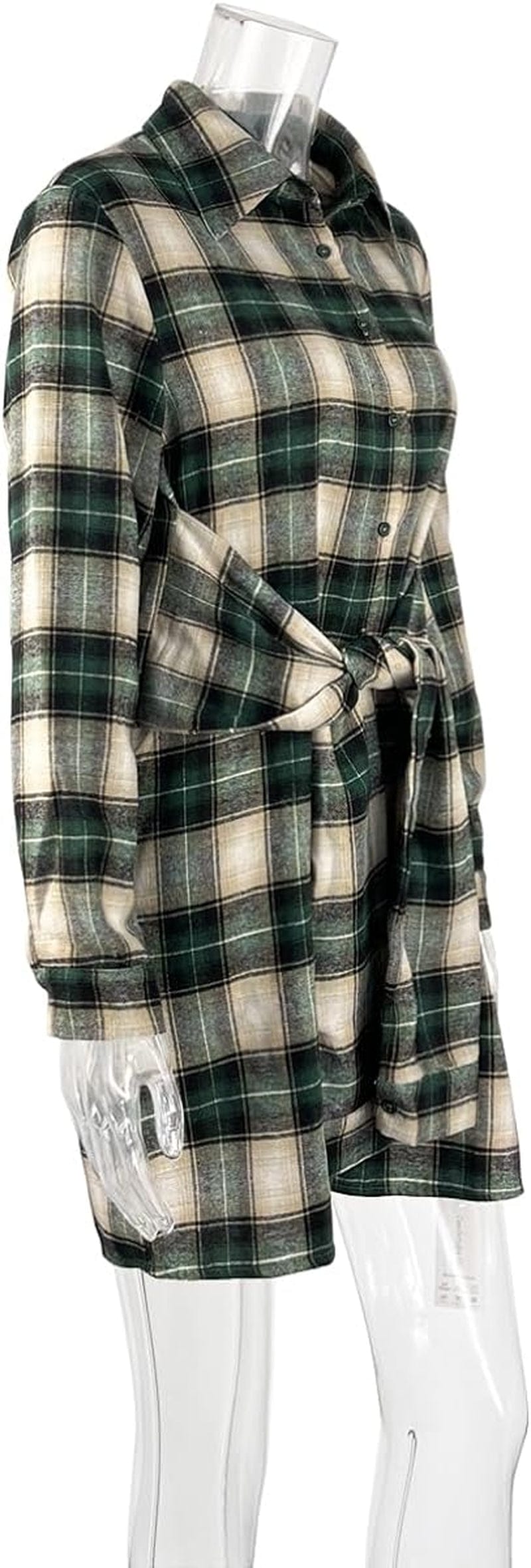 Lufeng Women'S Casual Plaid Long Sleeve Lapel V Neck Tie Waist Front Button down Mini Tunic Shirt Dress