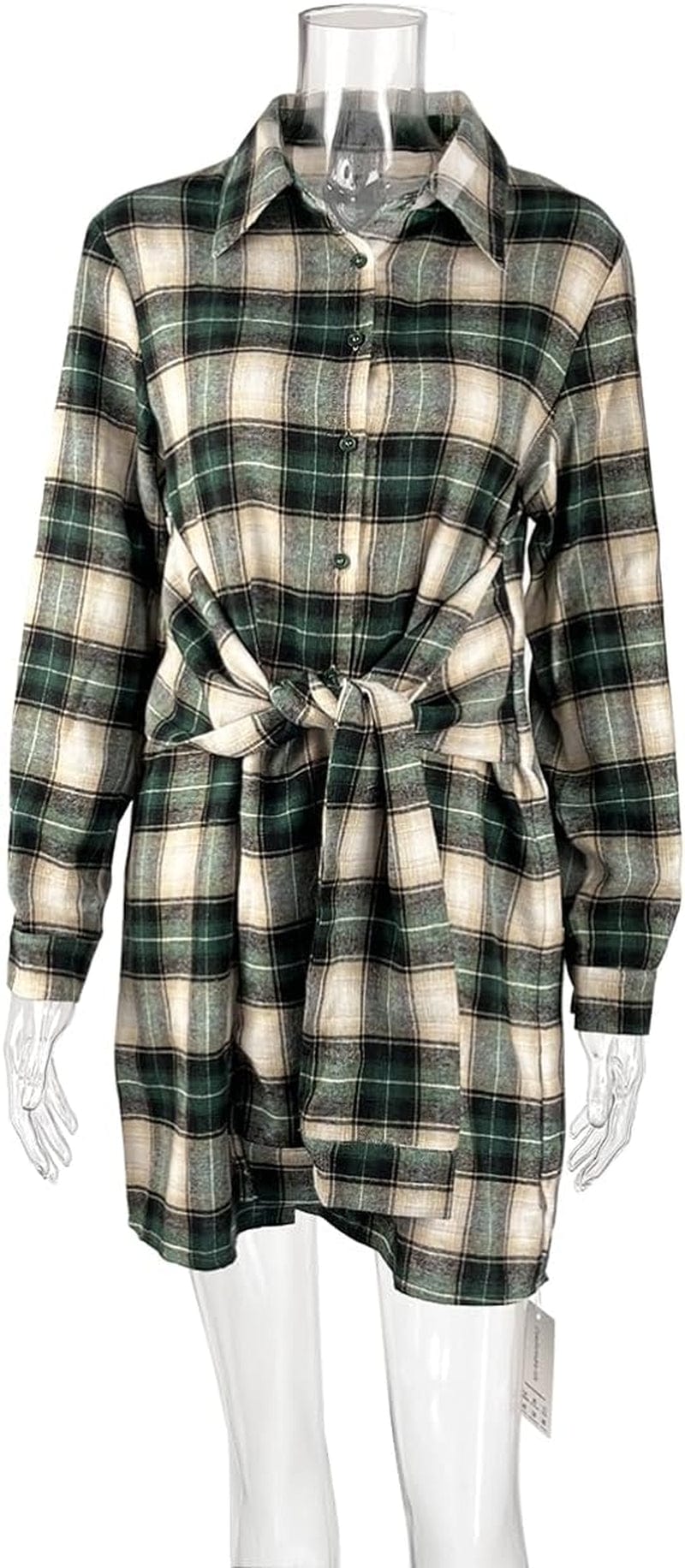 Lufeng Women'S Casual Plaid Long Sleeve Lapel V Neck Tie Waist Front Button down Mini Tunic Shirt Dress