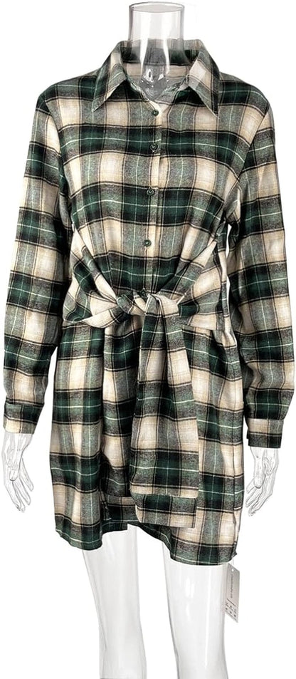 Lufeng Women'S Casual Plaid Long Sleeve Lapel V Neck Tie Waist Front Button down Mini Tunic Shirt Dress