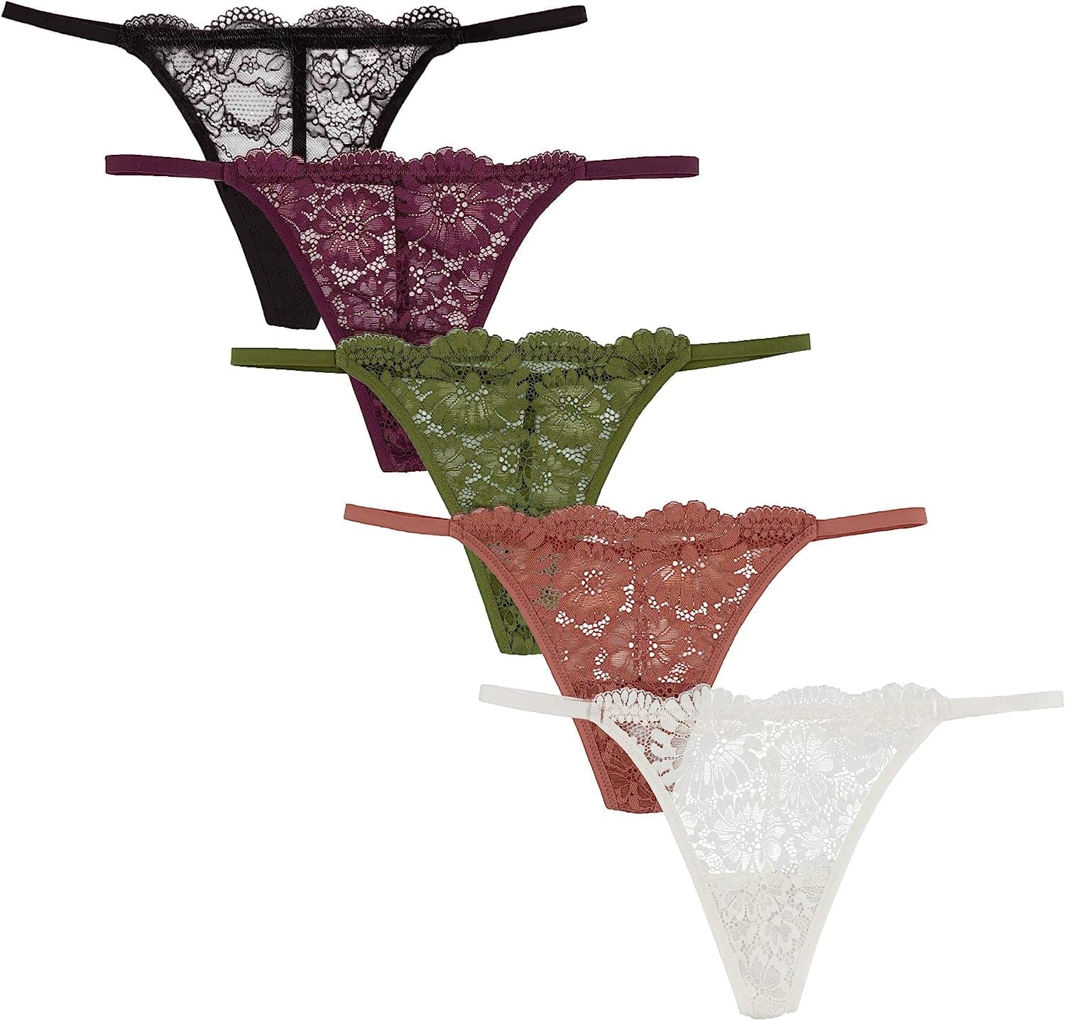 Luna & Sun Women Sexy Cheeky Lace G-Strings Thongs T Back Panties Underwear Burgundy, Avocado, Wood, Black, Ivory (5pcs) / X-Large
