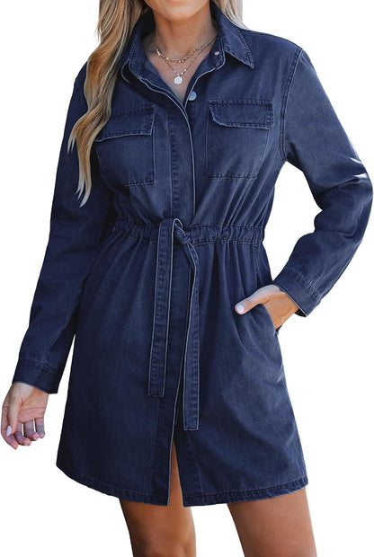 Luvamia Denim Dress for Women Long Sleeve Jean Button down Shirt Dresses with Pockets Casual Fashion Shift Short Dress Dark Blue / X-Large