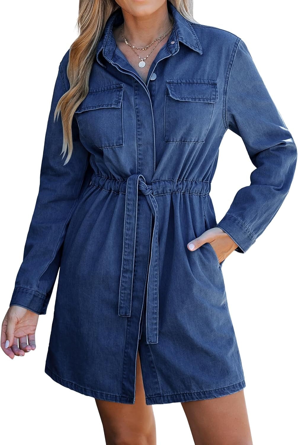 Luvamia Denim Dress for Women Long Sleeve Jean Button down Shirt Dresses with Pockets Casual Fashion Shift Short Dress Classic Blue / Medium