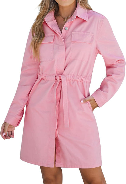 Luvamia Denim Dress for Women Long Sleeve Jean Button down Shirt Dresses with Pockets Casual Fashion Shift Short Dress Candy Pink / Medium