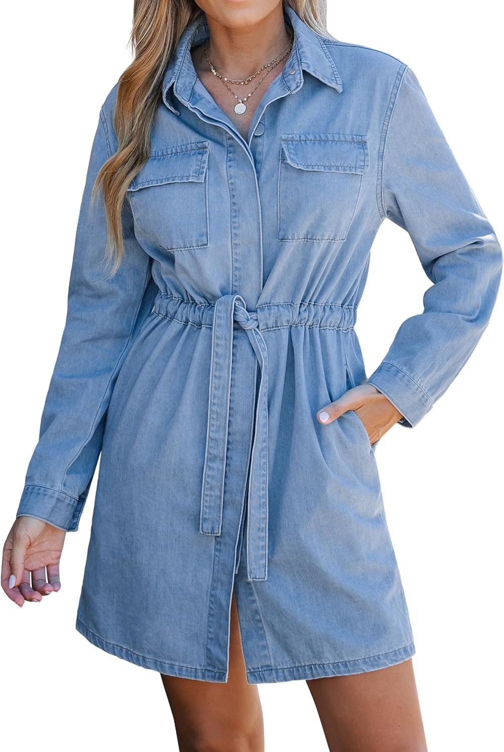 Luvamia Denim Dress for Women Long Sleeve Jean Button down Shirt Dresses with Pockets Casual Fashion Shift Short Dress Indigo Skyblue / Medium