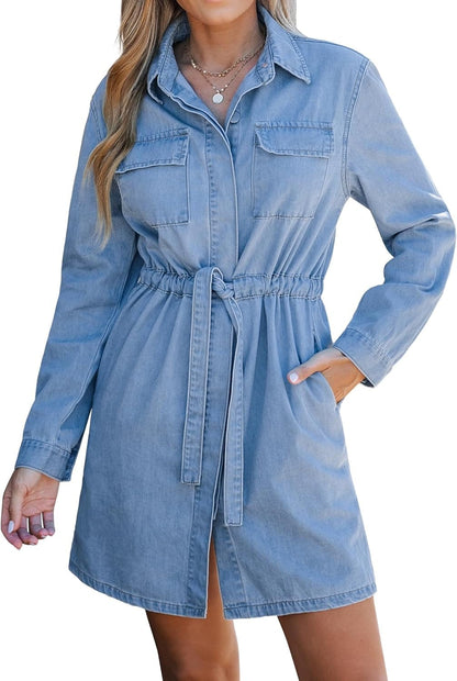 Luvamia Denim Dress for Women Long Sleeve Jean Button down Shirt Dresses with Pockets Casual Fashion Shift Short Dress Indigo Skyblue / Medium