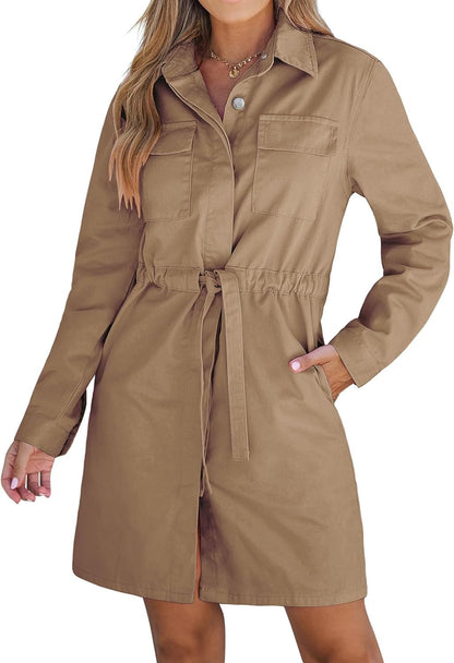 Luvamia Denim Dress for Women Long Sleeve Jean Button down Shirt Dresses with Pockets Casual Fashion Shift Short Dress Taos Taupe / Small