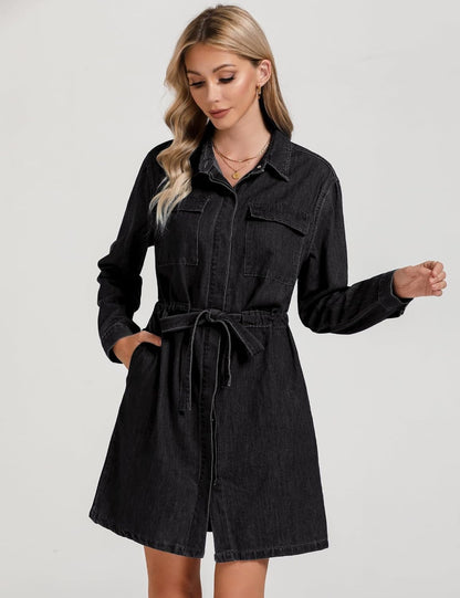 Luvamia Denim Dress for Women Long Sleeve Jean Button down Shirt Dresses with Pockets Casual Fashion Shift Short Dress