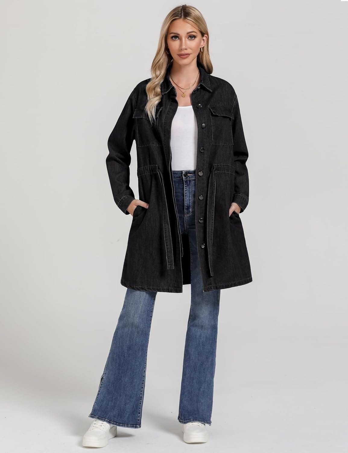 Luvamia Denim Dress for Women Long Sleeve Jean Button down Shirt Dresses with Pockets Casual Fashion Shift Short Dress