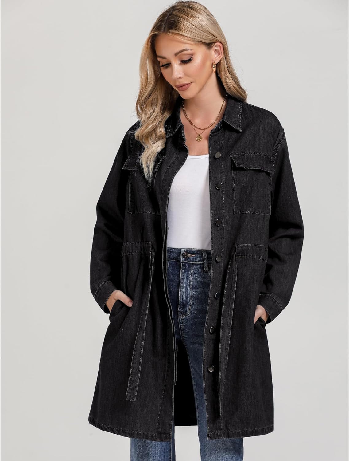 Luvamia Denim Dress for Women Long Sleeve Jean Button down Shirt Dresses with Pockets Casual Fashion Shift Short Dress