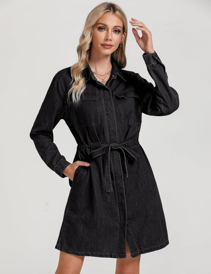 Luvamia Denim Dress for Women Long Sleeve Jean Button down Shirt Dresses with Pockets Casual Fashion Shift Short Dress