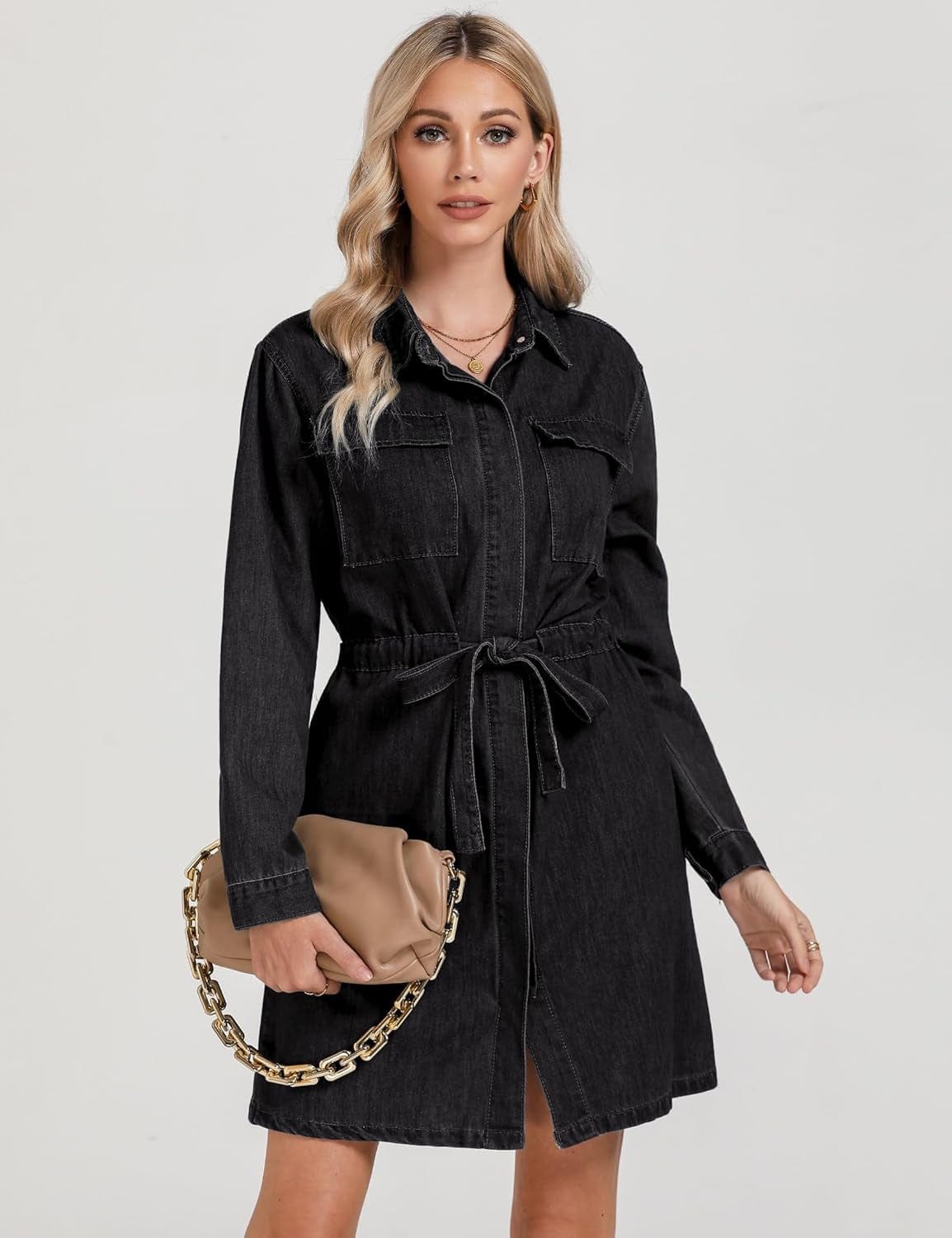 Luvamia Denim Dress for Women Long Sleeve Jean Button down Shirt Dresses with Pockets Casual Fashion Shift Short Dress