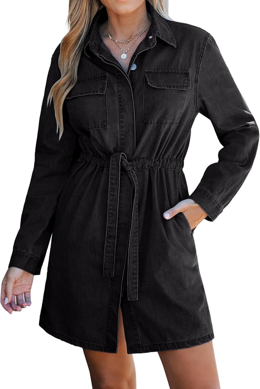 Luvamia Denim Dress for Women Long Sleeve Jean Button down Shirt Dresses with Pockets Casual Fashion Shift Short Dress
