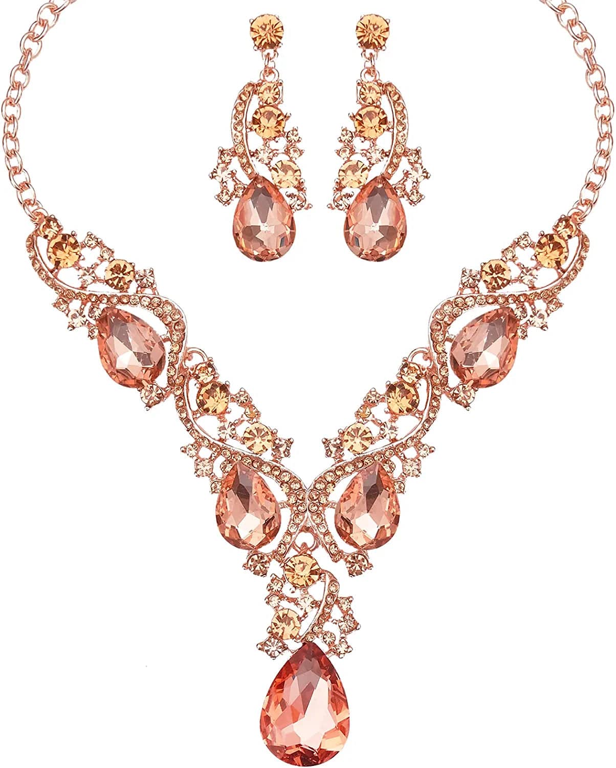 Luxury Austrian Crystal Necklace Earrings Rhinestone Bridal Wedding Party Costume Jewelry Sets for Brides Bridesmaids Women peach color - rose gold tone