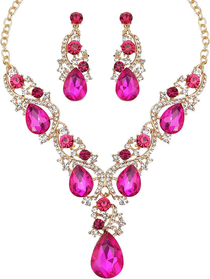 Luxury Austrian Crystal Necklace Earrings Rhinestone Bridal Wedding Party Costume Jewelry Sets for Brides Bridesmaids Women Fuchsia - gold tone