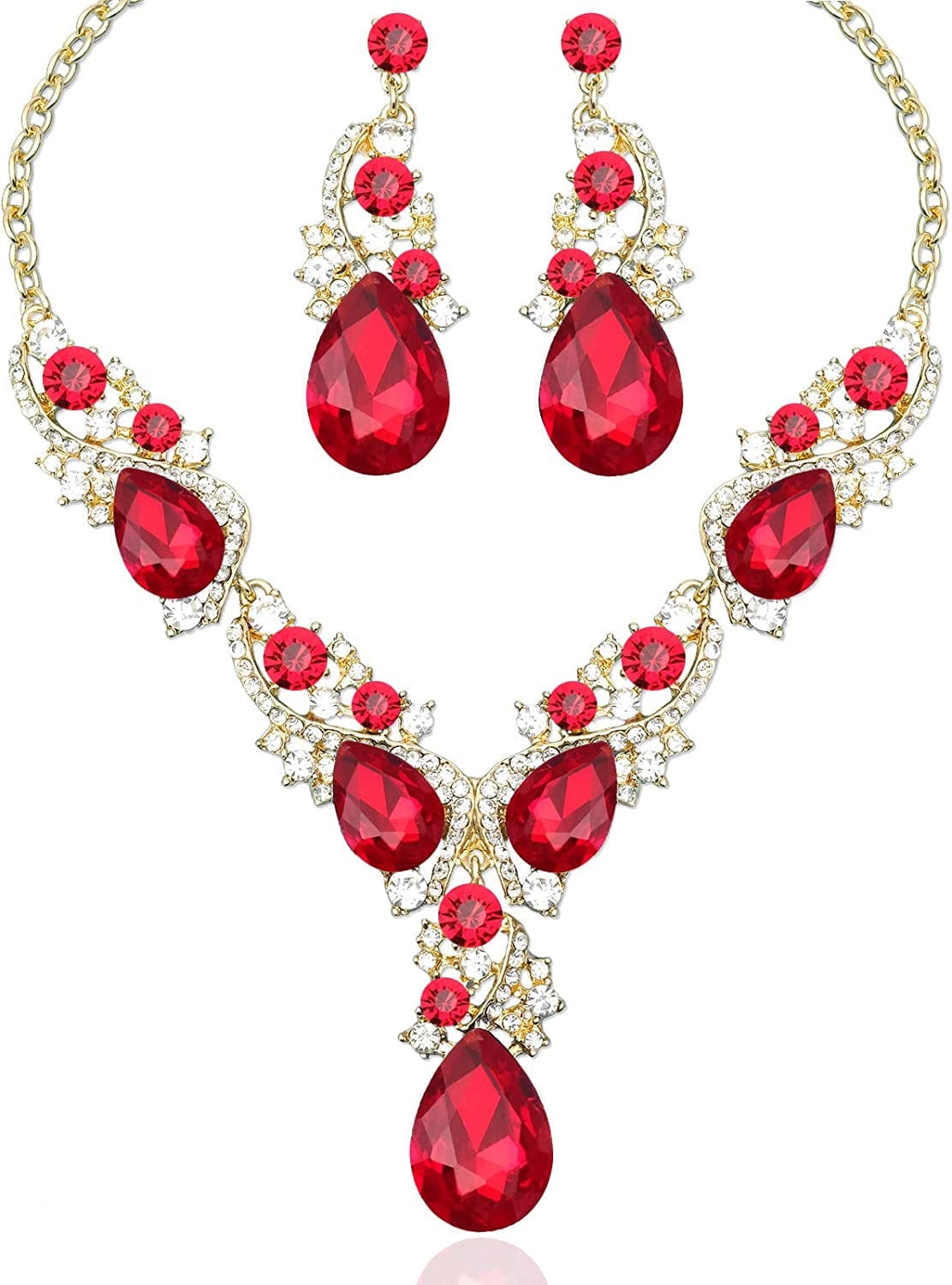 Luxury Austrian Crystal Necklace Earrings Rhinestone Bridal Wedding Party Costume Jewelry Sets for Brides Bridesmaids Women Red-Gold Tone