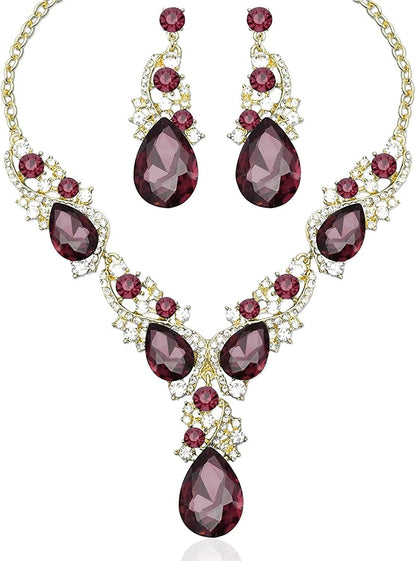 Luxury Austrian Crystal Necklace Earrings Rhinestone Bridal Wedding Party Costume Jewelry Sets for Brides Bridesmaids Women Amethyst-gold tone