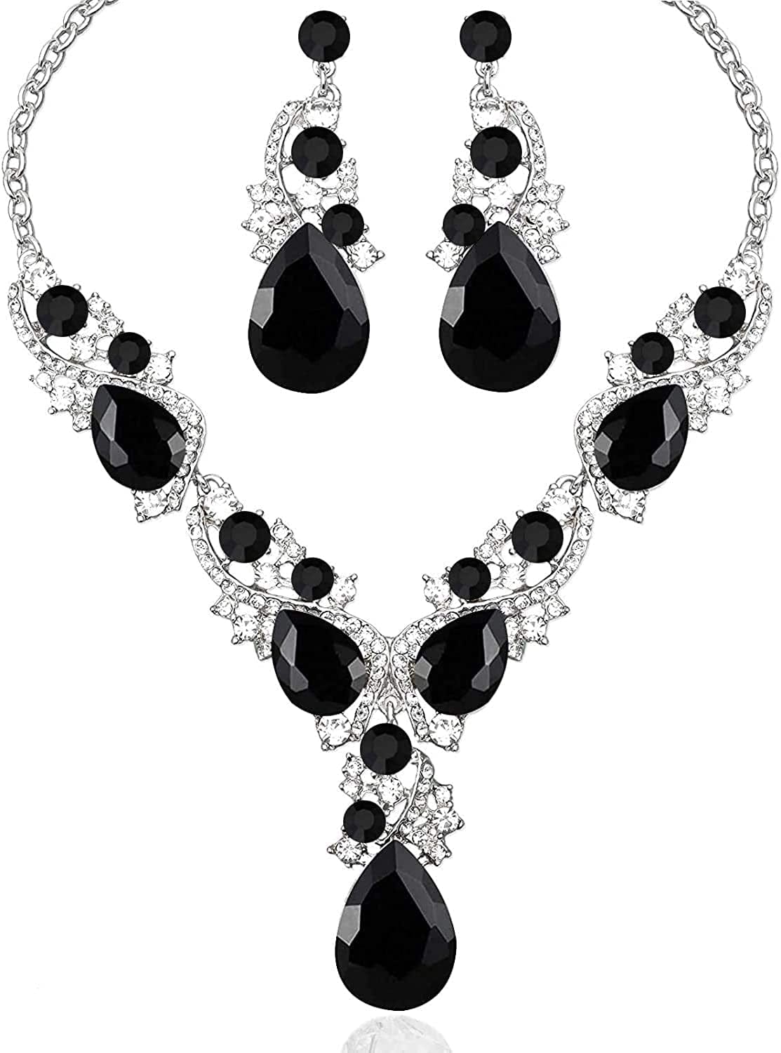 Luxury Austrian Crystal Necklace Earrings Rhinestone Bridal Wedding Party Costume Jewelry Sets for Brides Bridesmaids Women Black