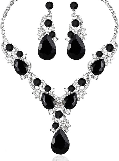 Luxury Austrian Crystal Necklace Earrings Rhinestone Bridal Wedding Party Costume Jewelry Sets for Brides Bridesmaids Women Black