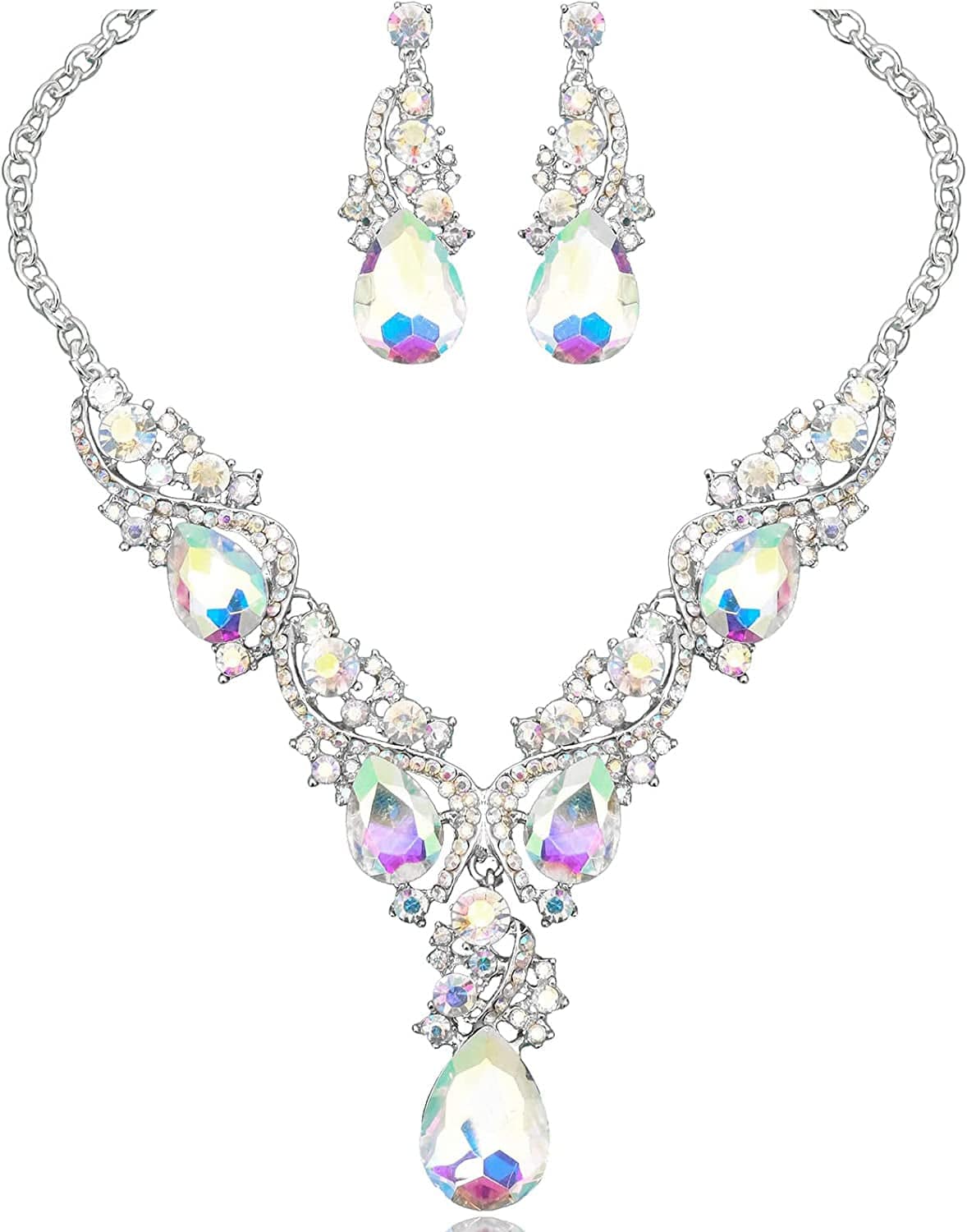 Luxury Austrian Crystal Necklace Earrings Rhinestone Bridal Wedding Party Costume Jewelry Sets for Brides Bridesmaids Women AB Crystal-Silver tone