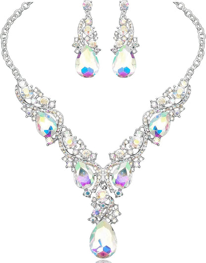 Luxury Austrian Crystal Necklace Earrings Rhinestone Bridal Wedding Party Costume Jewelry Sets for Brides Bridesmaids Women AB Crystal-Silver tone
