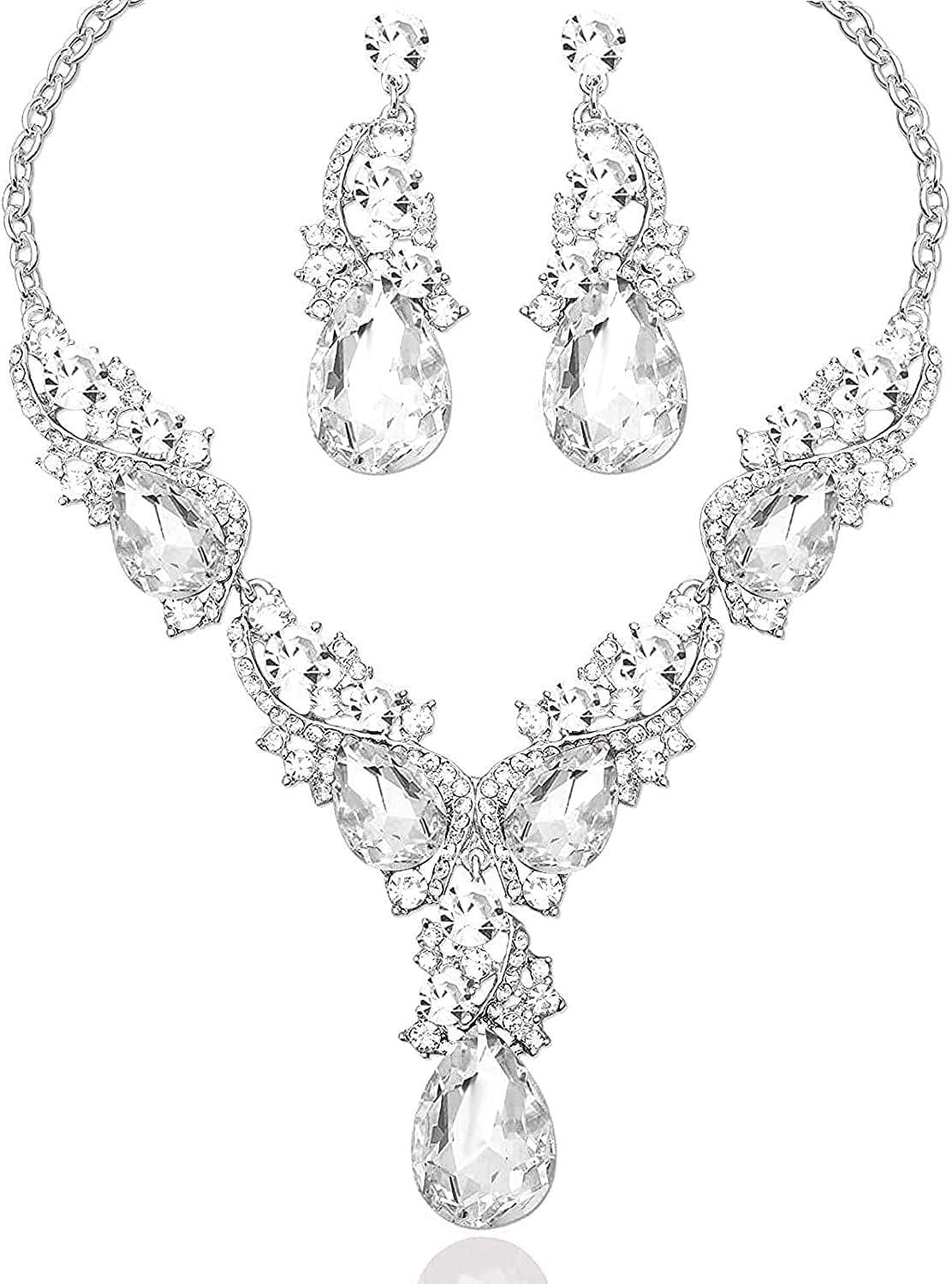 Luxury Austrian Crystal Necklace Earrings Rhinestone Bridal Wedding Party Costume Jewelry Sets for Brides Bridesmaids Women White Crystal-White Gold Tone