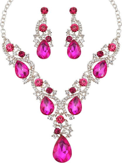 Luxury Austrian Crystal Necklace Earrings Rhinestone Bridal Wedding Party Costume Jewelry Sets for Brides Bridesmaids Women Fuchsia - Platinum tone
