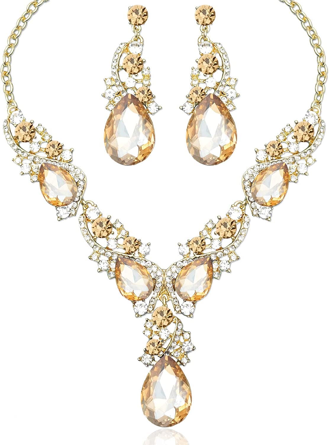 Luxury Austrian Crystal Necklace Earrings Rhinestone Bridal Wedding Party Costume Jewelry Sets for Brides Bridesmaids Women Champagne-Gold Tone
