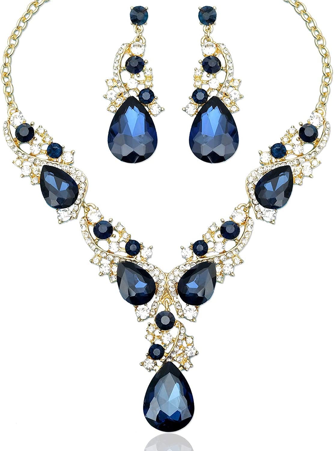 Luxury Austrian Crystal Necklace Earrings Rhinestone Bridal Wedding Party Costume Jewelry Sets for Brides Bridesmaids Women Navy Blue Crystal-Gold Tone