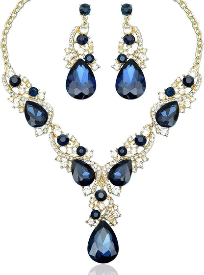 Luxury Austrian Crystal Necklace Earrings Rhinestone Bridal Wedding Party Costume Jewelry Sets for Brides Bridesmaids Women Navy Blue Crystal-Gold Tone