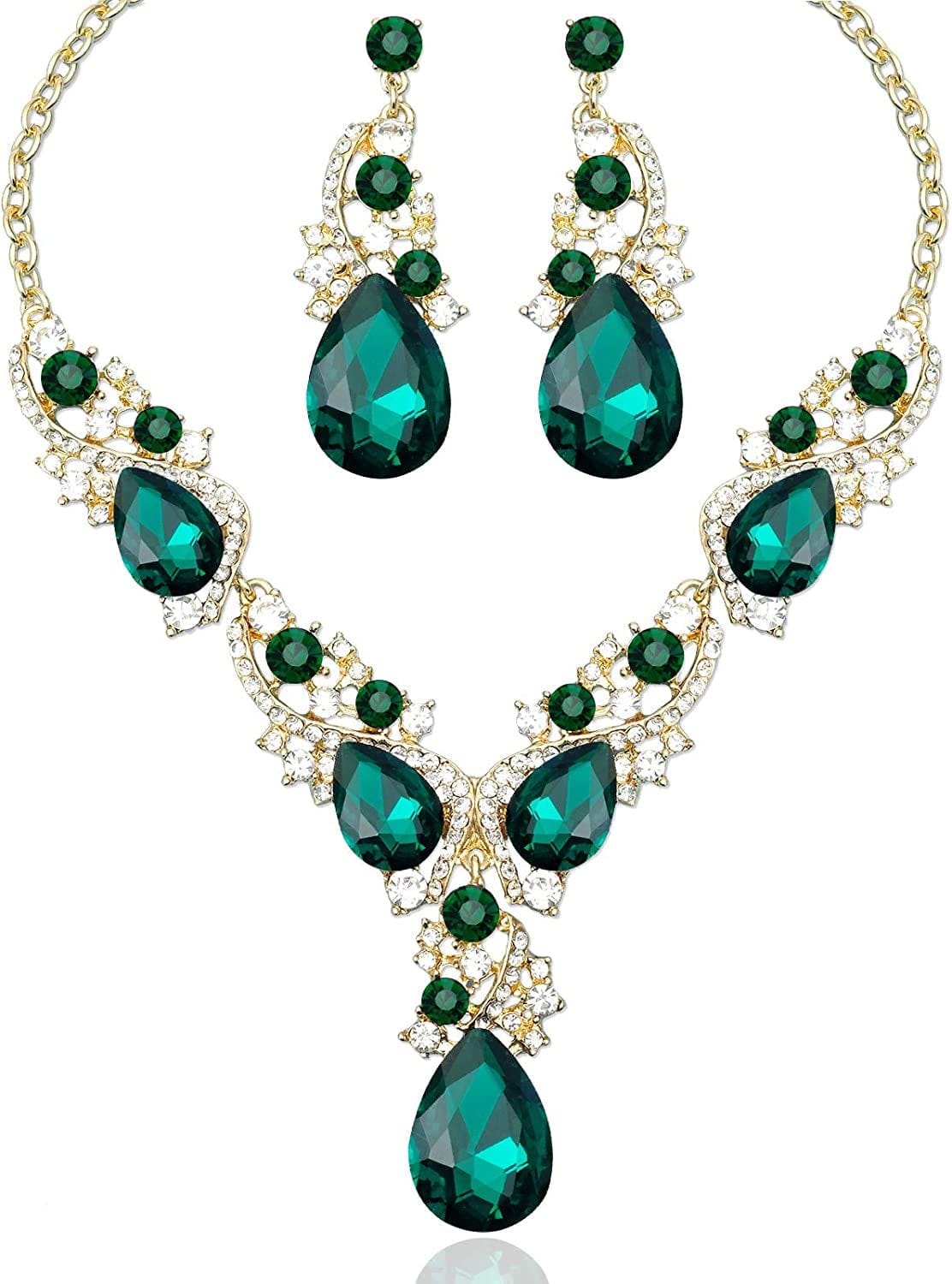 Luxury Austrian Crystal Necklace Earrings Rhinestone Bridal Wedding Party Costume Jewelry Sets for Brides Bridesmaids Women Green-Gold Tone