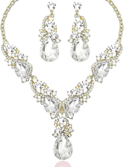 Luxury Austrian Crystal Necklace Earrings Rhinestone Bridal Wedding Party Costume Jewelry Sets for Brides Bridesmaids Women White Crystal-Gold Tone