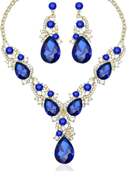 Luxury Austrian Crystal Necklace Earrings Rhinestone Bridal Wedding Party Costume Jewelry Sets for Brides Bridesmaids Women Royal Blue-Gold Tone