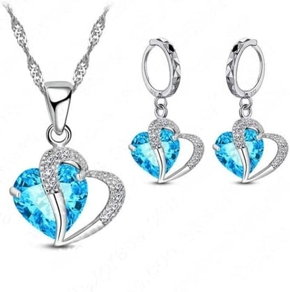 Luxury Women 925 Sterling Silver Cubic Zircon Necklace Pendant Earrings Sets Cartilage Piercing Jewelry Wedding Heart Design, Black Light Blue