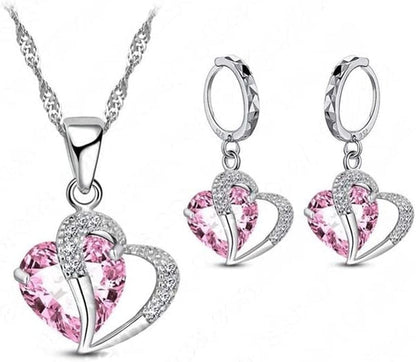 Luxury Women 925 Sterling Silver Cubic Zircon Necklace Pendant Earrings Sets Cartilage Piercing Jewelry Wedding Heart Design, Black Pink