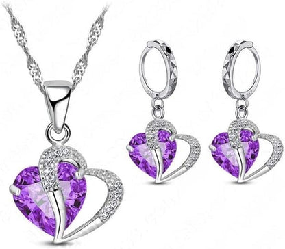 Luxury Women 925 Sterling Silver Cubic Zircon Necklace Pendant Earrings Sets Cartilage Piercing Jewelry Wedding Heart Design, Black Purple