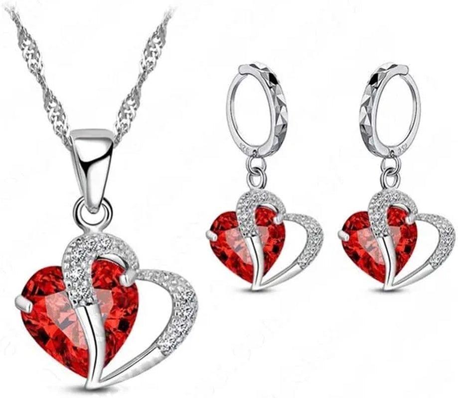 Luxury Women 925 Sterling Silver Cubic Zircon Necklace Pendant Earrings Sets Cartilage Piercing Jewelry Wedding Heart Design, Black Red
