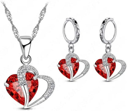 Luxury Women 925 Sterling Silver Cubic Zircon Necklace Pendant Earrings Sets Cartilage Piercing Jewelry Wedding Heart Design, Black Red