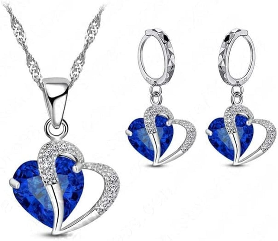 Luxury Women 925 Sterling Silver Cubic Zircon Necklace Pendant Earrings Sets Cartilage Piercing Jewelry Wedding Heart Design, Black Blue