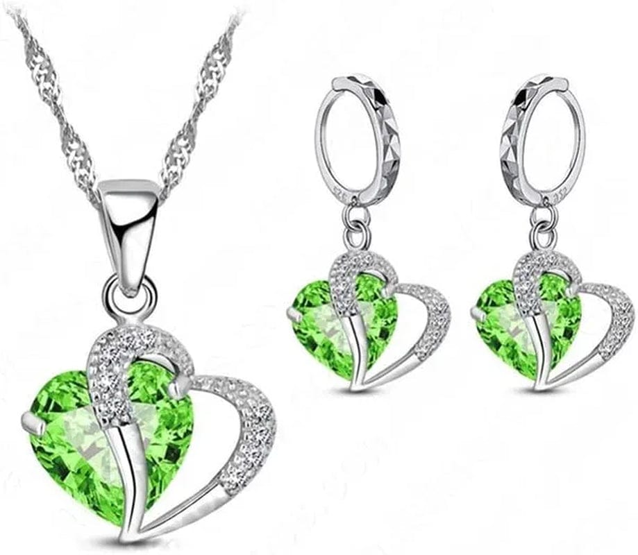 Luxury Women 925 Sterling Silver Cubic Zircon Necklace Pendant Earrings Sets Cartilage Piercing Jewelry Wedding Heart Design, Black Green