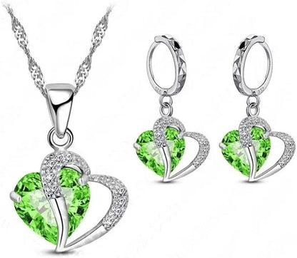 Luxury Women 925 Sterling Silver Cubic Zircon Necklace Pendant Earrings Sets Cartilage Piercing Jewelry Wedding Heart Design, Black Green