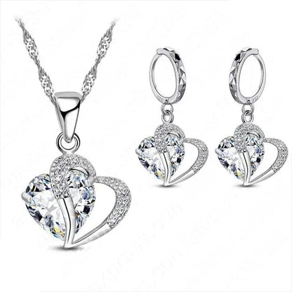 Luxury Women 925 Sterling Silver Cubic Zircon Necklace Pendant Earrings Sets Cartilage Piercing Jewelry Wedding Heart Design, Black White