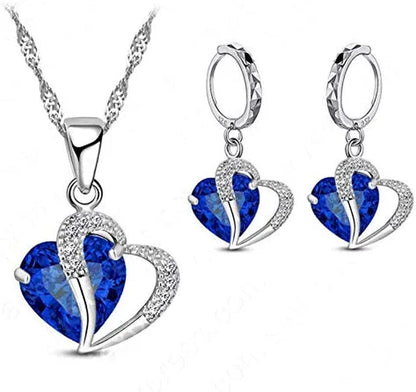 Luxury Women 925 Sterling Silver Cubic Zircon Necklace Pendant Earrings Sets Cartilage Piercing Jewelry Wedding Heart Design, Black