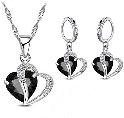 Luxury Women 925 Sterling Silver Cubic Zircon Necklace Pendant Earrings Sets Cartilage Piercing Jewelry Wedding Heart Design, Black