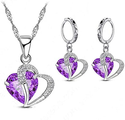 Luxury Women 925 Sterling Silver Cubic Zircon Necklace Pendant Earrings Sets Cartilage Piercing Jewelry Wedding Heart Design, Black