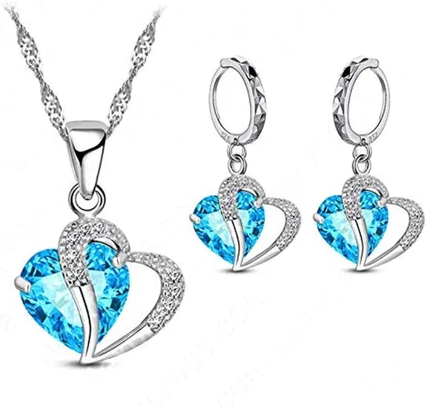 Luxury Women 925 Sterling Silver Cubic Zircon Necklace Pendant Earrings Sets Cartilage Piercing Jewelry Wedding Heart Design, Black