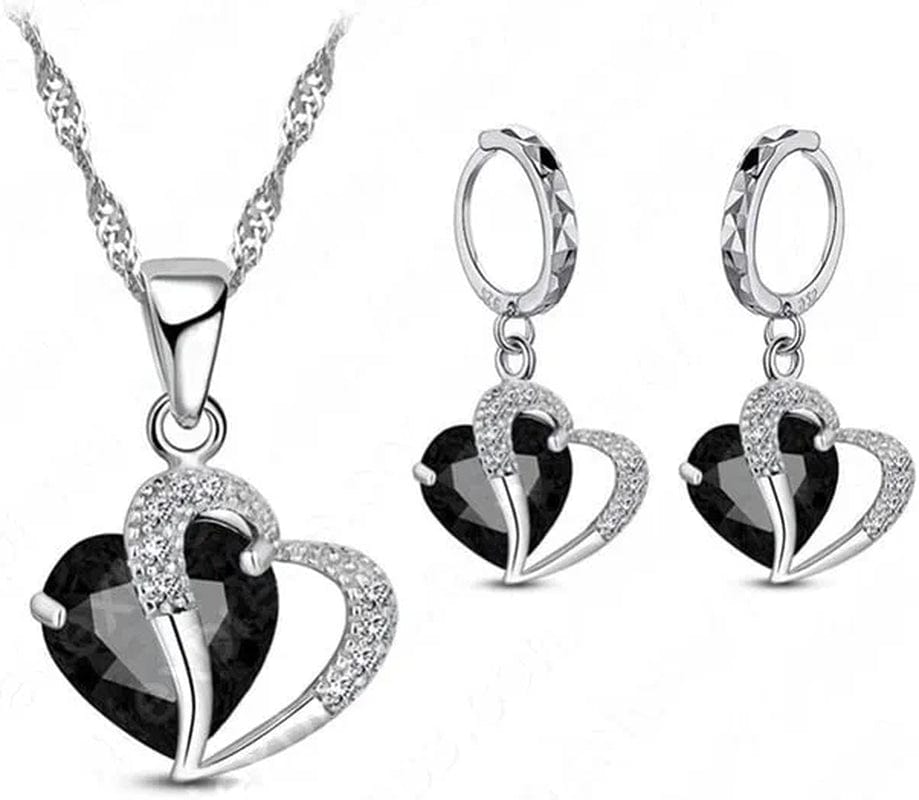 Luxury Women 925 Sterling Silver Cubic Zircon Necklace Pendant Earrings Sets Cartilage Piercing Jewelry Wedding Heart Design, Black Black