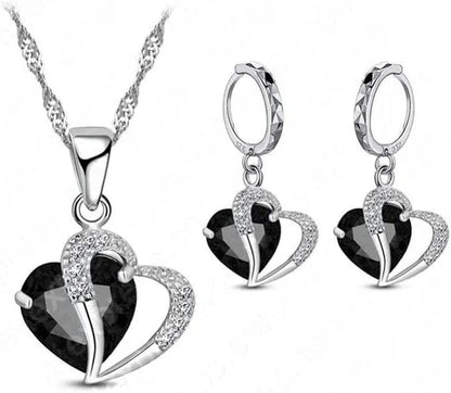 Luxury Women 925 Sterling Silver Cubic Zircon Necklace Pendant Earrings Sets Cartilage Piercing Jewelry Wedding Heart Design, Black Black