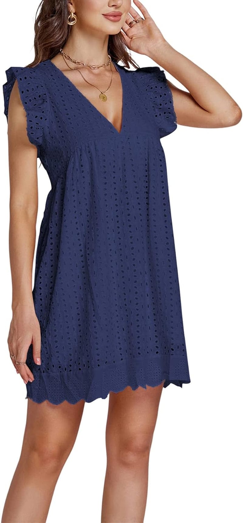 LYANER Women'S Elegant Eyelet V Neck Ruffle Cap Sleeve Tank Babydoll a Line Mini Dresses Royal Blue Large