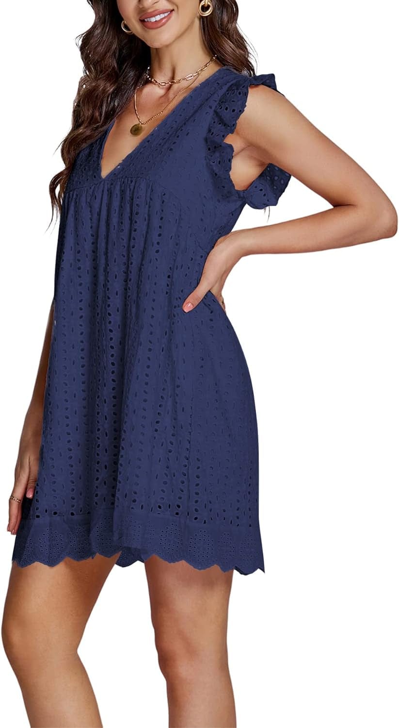 LYANER Women'S Elegant Eyelet V Neck Ruffle Cap Sleeve Tank Babydoll a Line Mini Dresses Royal Blue Large