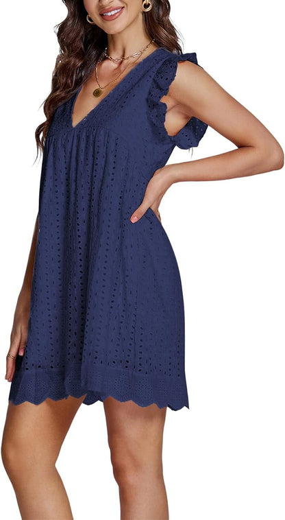 LYANER Women'S Elegant Eyelet V Neck Ruffle Cap Sleeve Tank Babydoll a Line Mini Dresses Royal Blue Large